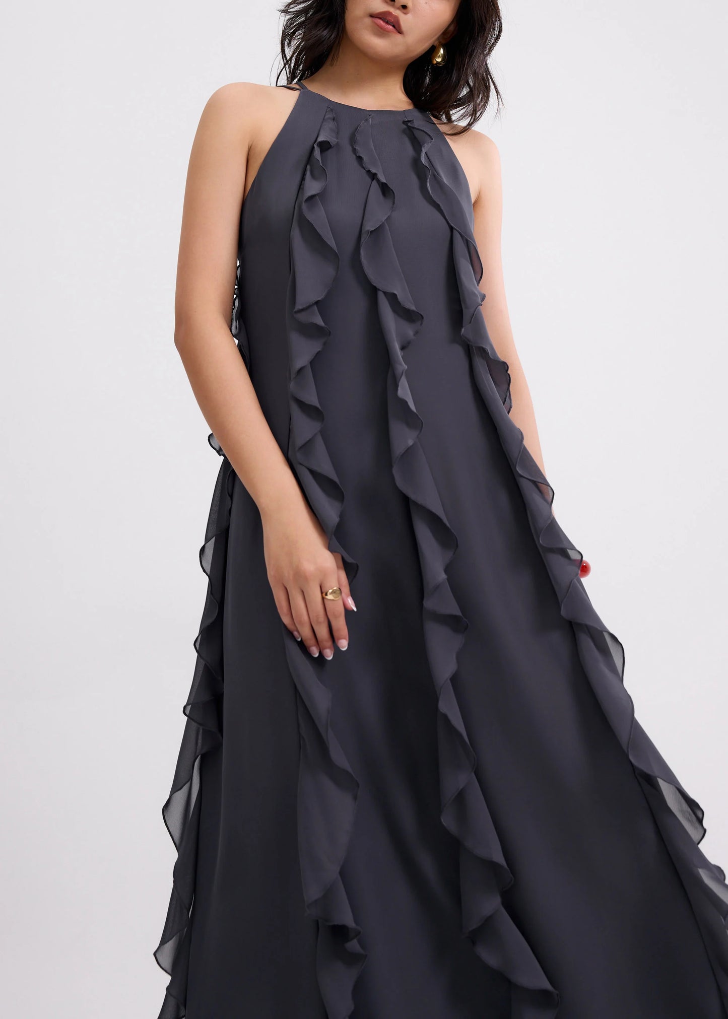 Georgette Halter Trapeze Frill Maxi Dress