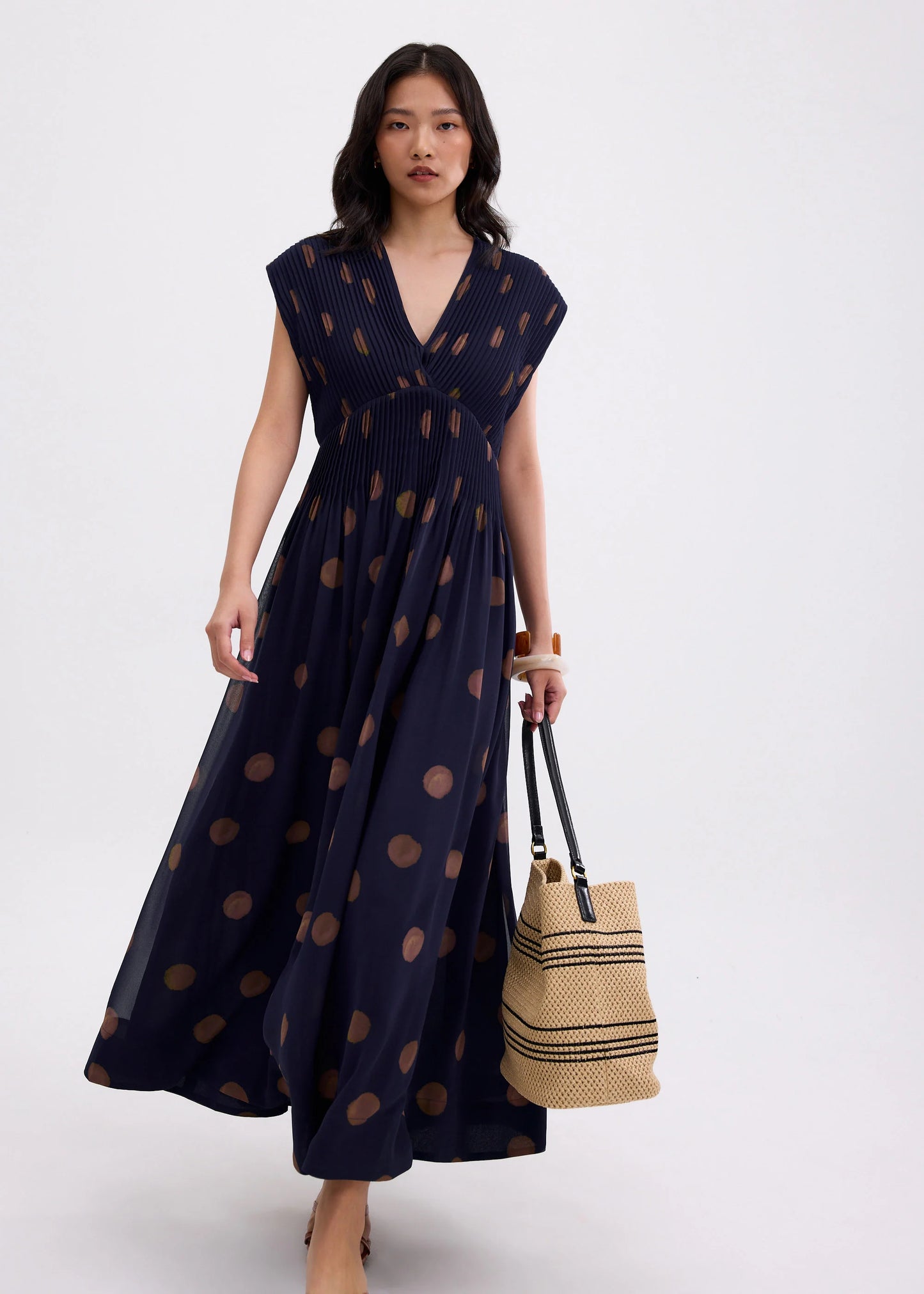 Padded Plisse V-neck Fit & Flare Maxi Dress in Brushed Dots