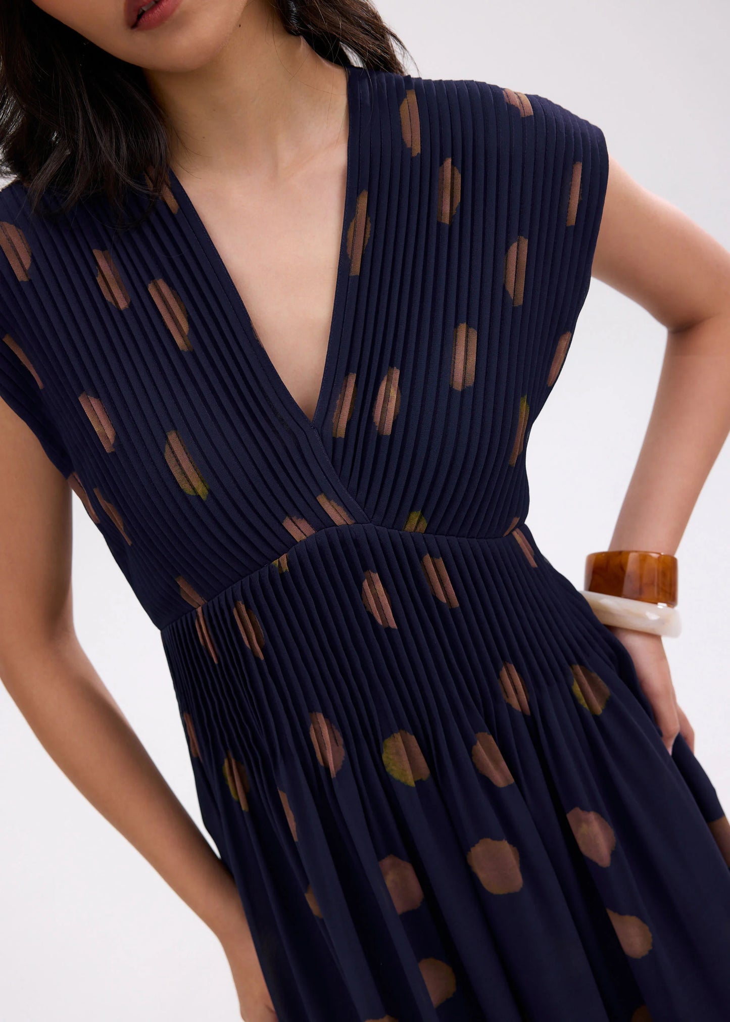 Padded Plisse V-neck Fit & Flare Maxi Dress in Brushed Dots