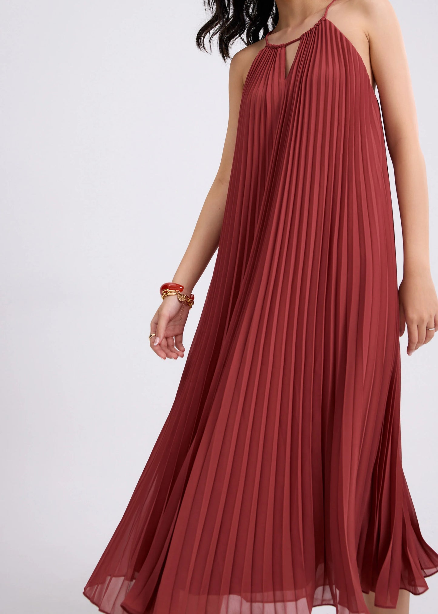 Pleated Trapeze Halter Midaxi Dress