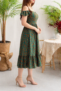 Belleci Emerald Bloom Midi Dress – Floral Off-Shoulder Ruffle Dress image 4