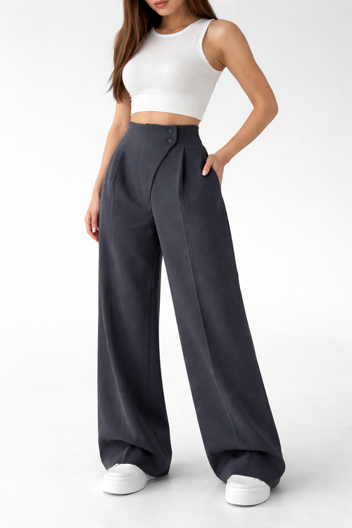 Belleci Charcoal Wrapline High Waist Wide Leg Trouser