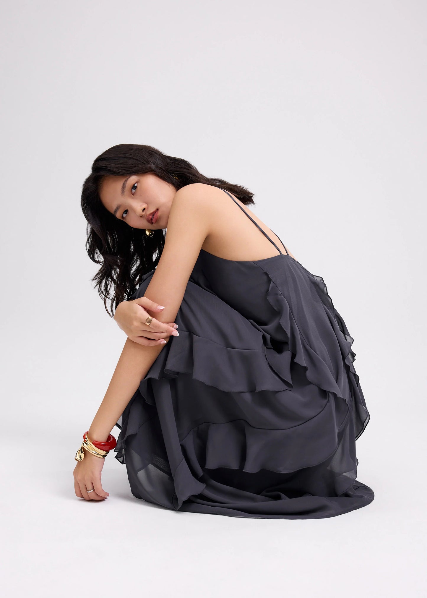 Georgette Halter Trapeze Frill Maxi Dress