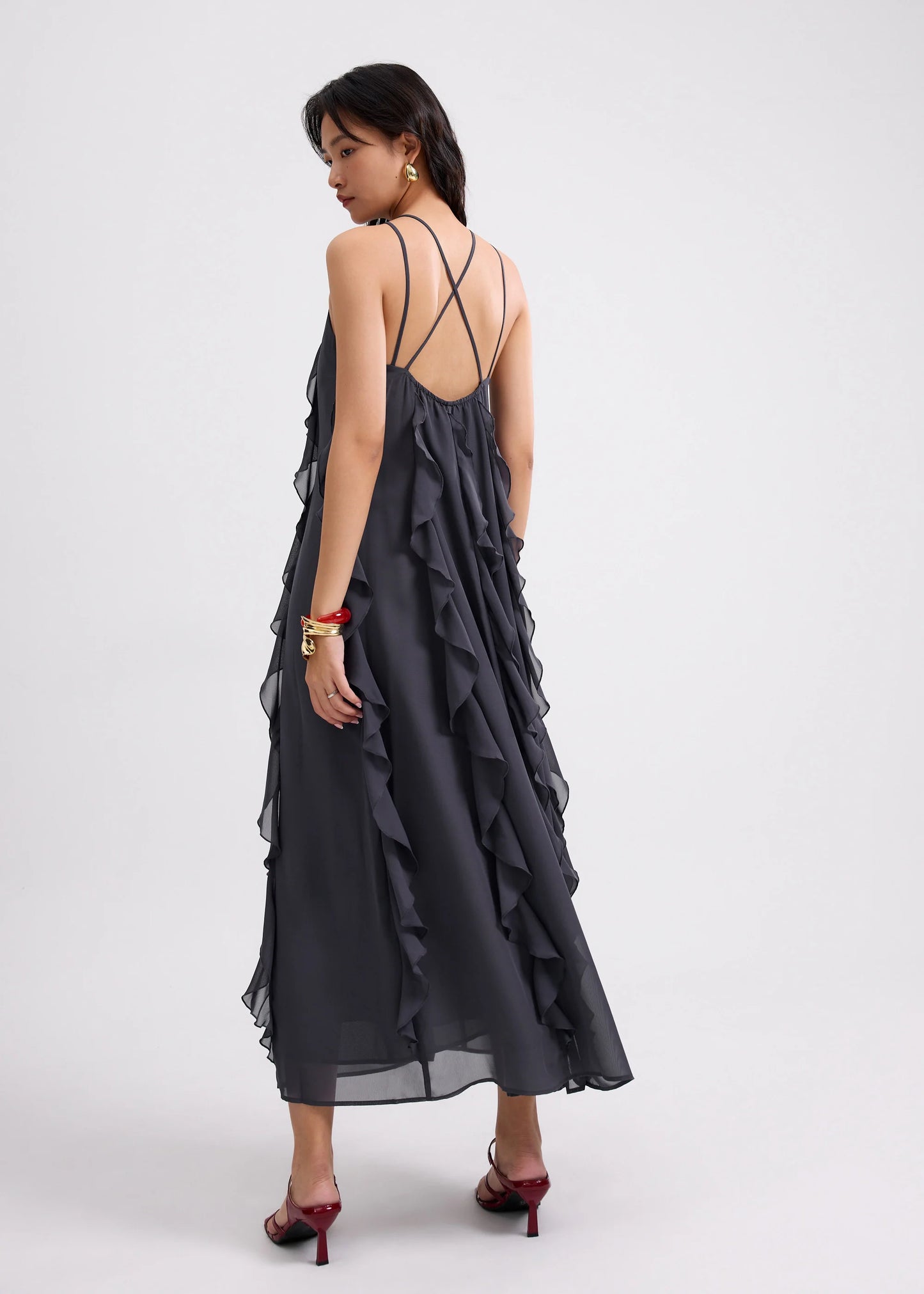 Georgette Halter Trapeze Frill Maxi Dress