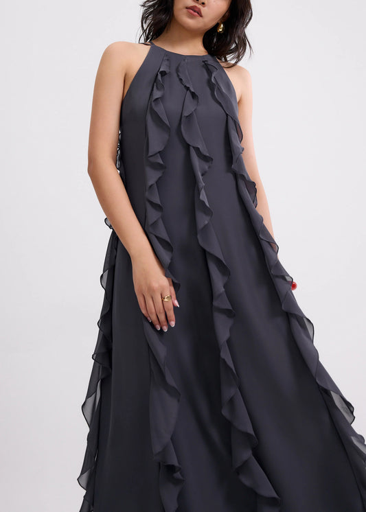 Georgette Halter Trapeze Frill Maxi Dress