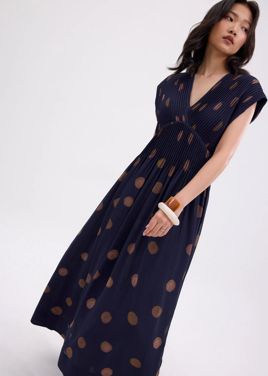 Padded Plisse V-neck Fit & Flare Maxi Dress in Brushed Dots
