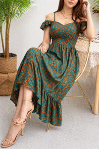 Belleci Emerald Bloom Midi Dress – Floral Off-Shoulder Ruffle Dress image 2