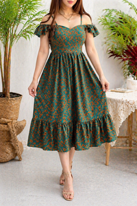 Belleci Emerald Bloom Midi Dress – Floral Off-Shoulder Ruffle Dress image 1