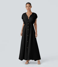 Black Button-Down Maxi Dress with Drawstring Waist By Belleci image 1