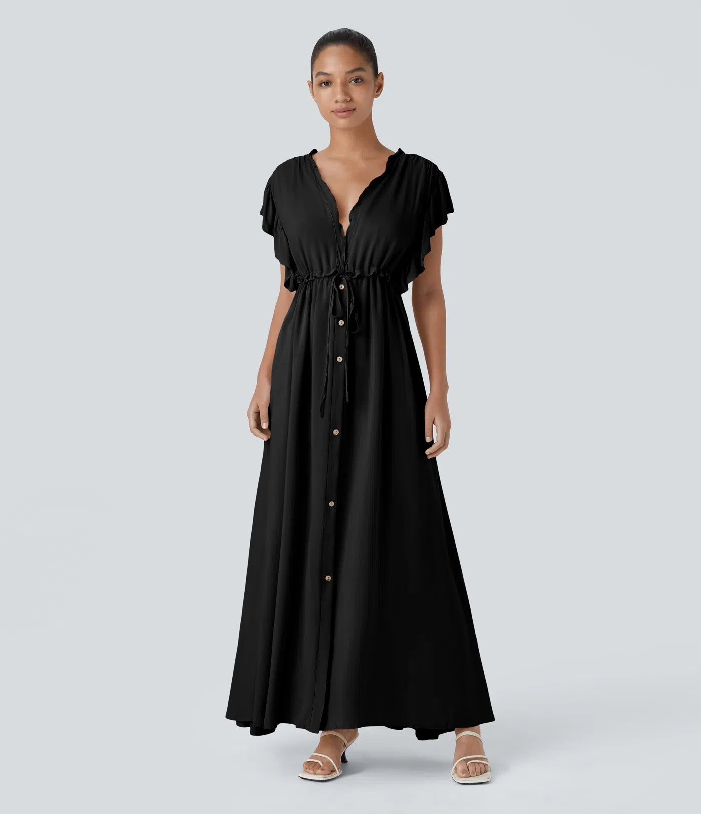 Black Button-Down Maxi Dress with Drawstring Waist By Belleci