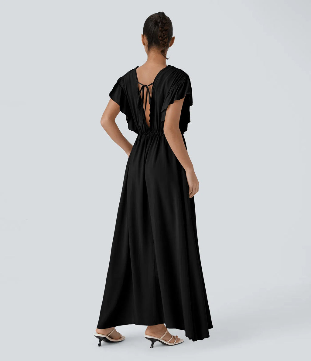 Black Button-Down Maxi Dress with Drawstring Waist By Belleci