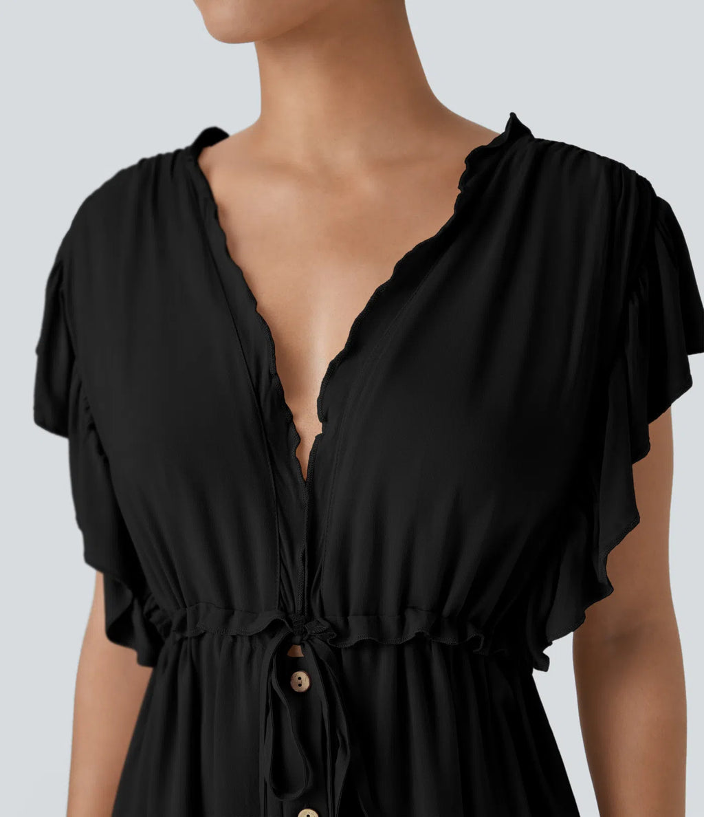 Black Button-Down Maxi Dress with Drawstring Waist By Belleci
