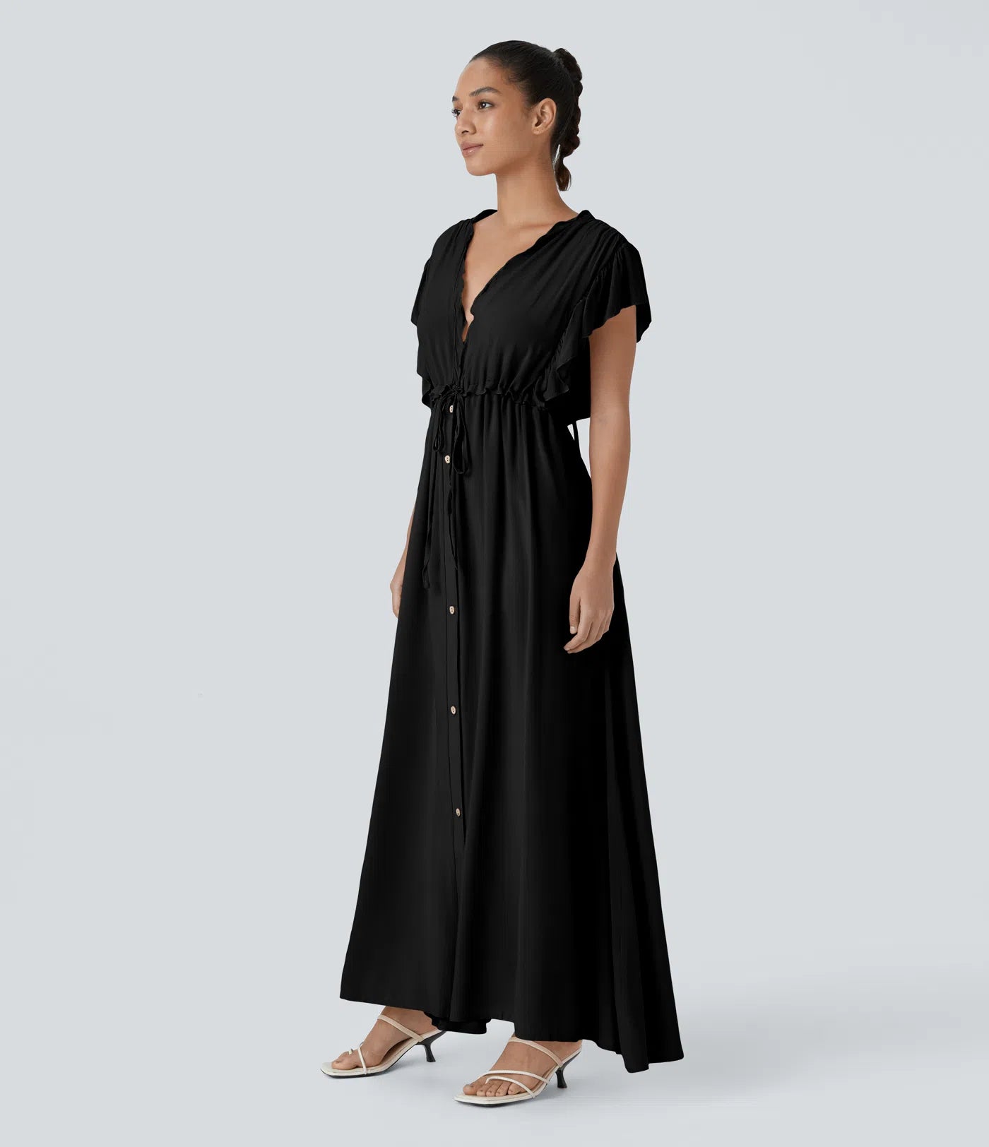 Black Button-Down Maxi Dress with Drawstring Waist By Belleci