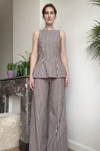 Belleci Mocha & Ivory Striped Co-Ord Set – Structured Peplum Top & Wide-Leg Trousers image 1