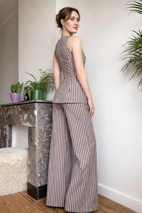 Belleci Mocha & Ivory Striped Co-Ord Set – Structured Peplum Top & Wide-Leg Trousers image 2