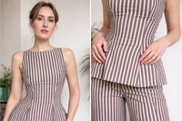 Belleci Mocha & Ivory Striped Co-Ord Set – Structured Peplum Top & Wide-Leg Trousers image 4