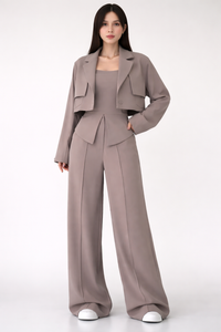Taupe Structured Co-Ord Set – Cropped Blazer & Wide-Leg Trousers by Belleci image 1