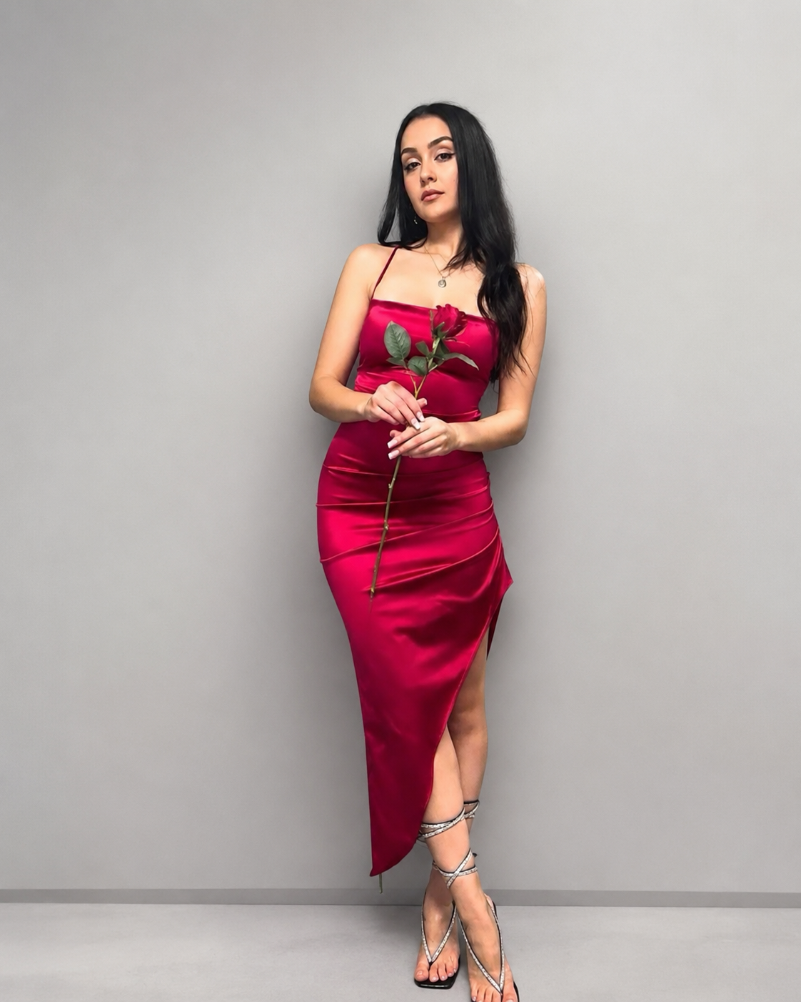 Crimson Allure Satin Bodycon Midi Dress by Belleci