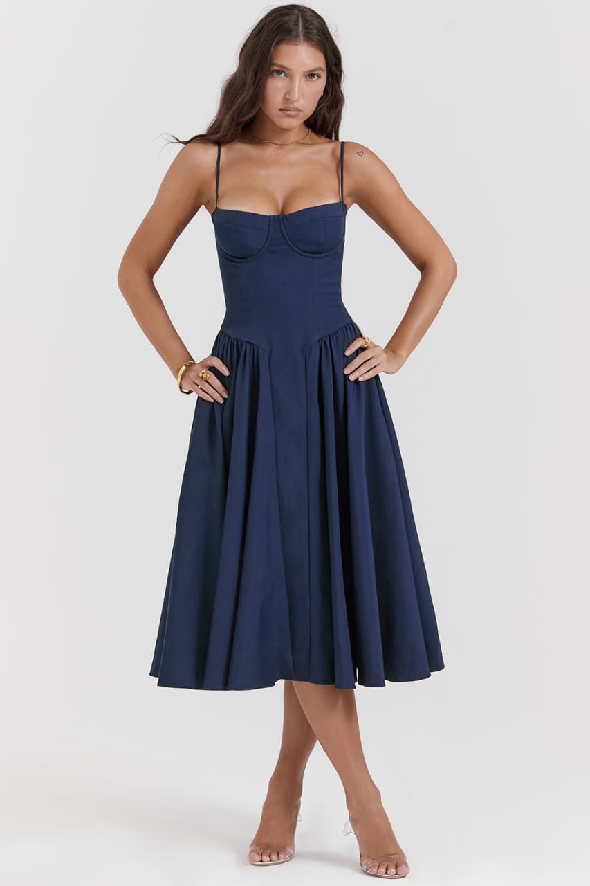 Elysian Navy Corset Midi Dress by Belleci