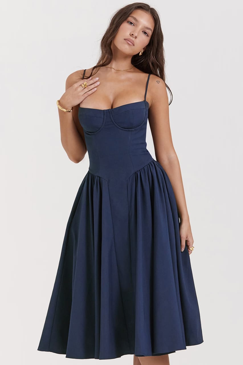 Elysian Navy Corset Midi Dress by Belleci