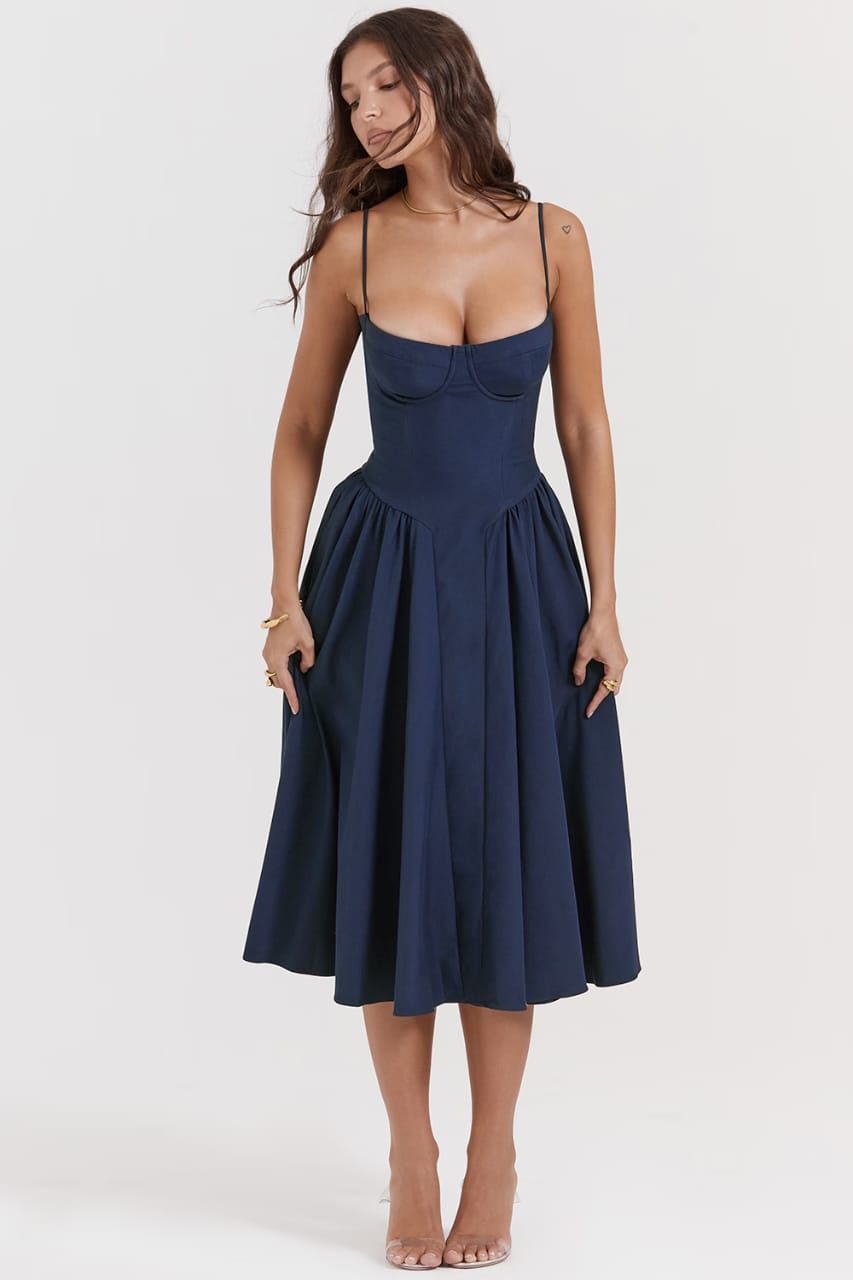 Elysian Navy Corset Midi Dress by Belleci