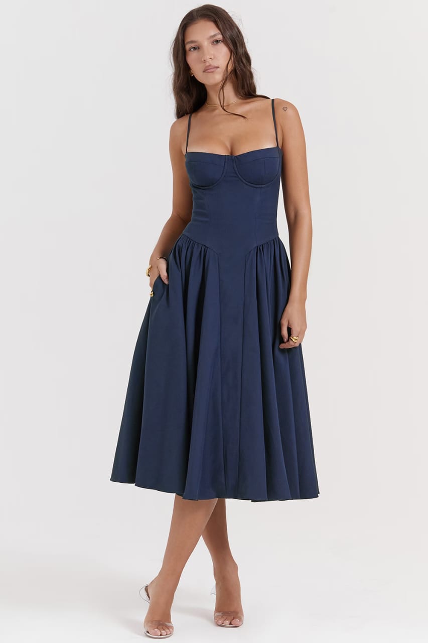 Elysian Navy Corset Midi Dress by Belleci