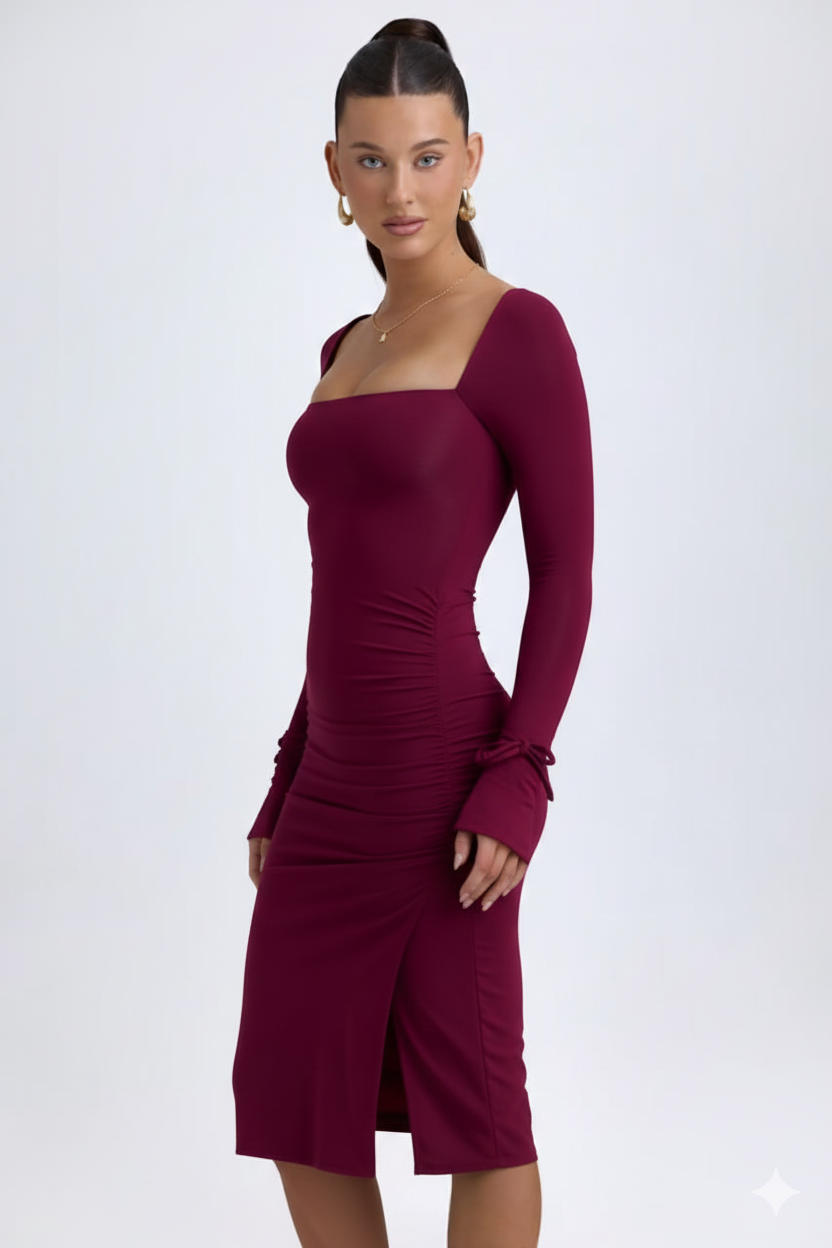 Ruched Square Neck Midi Dress in Deep Berry by Belleci