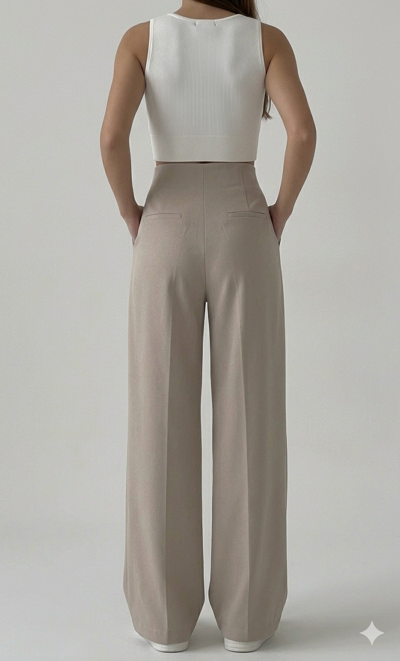 Belleci Biege Wrapline High Waist Wide Leg Trouser