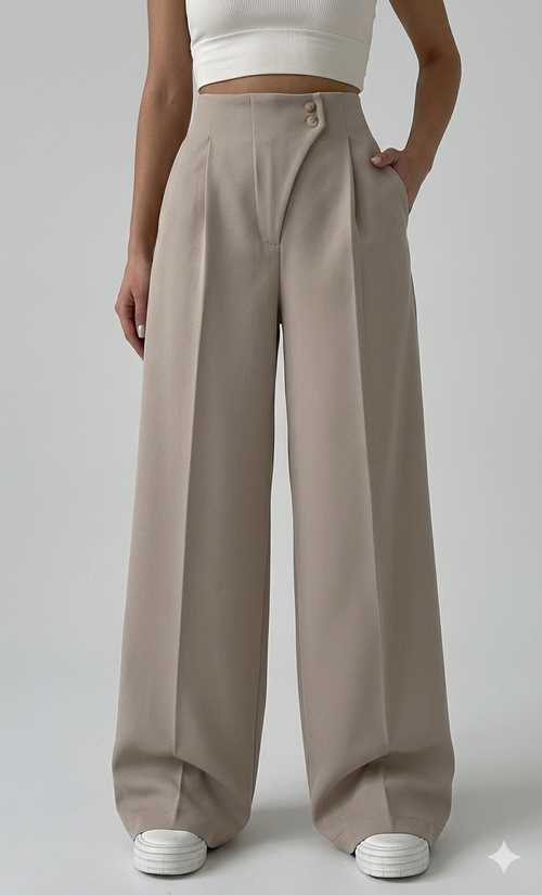 Belleci Biege Wrapline High Waist Wide Leg Trouser