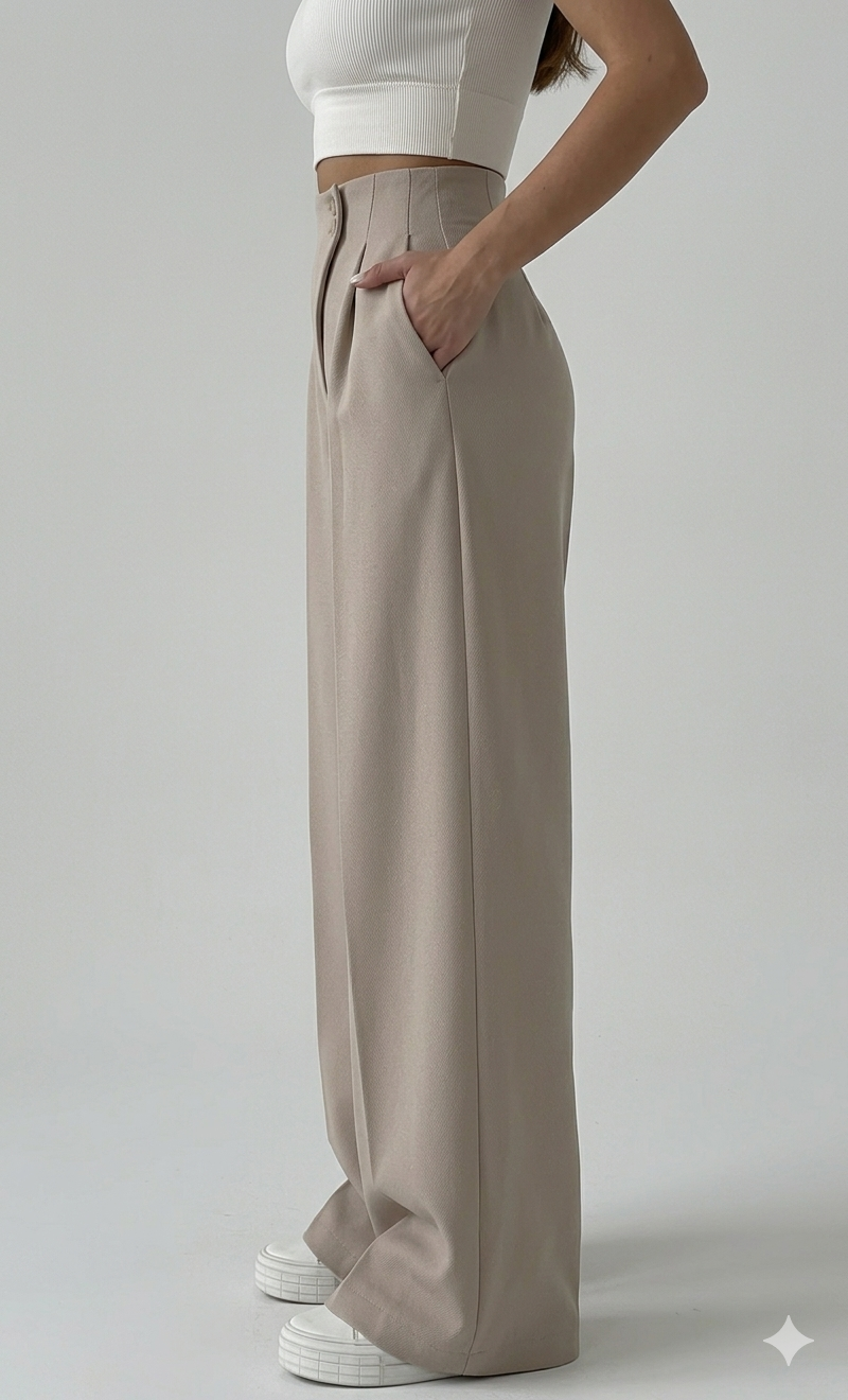 Belleci Biege Wrapline High Waist Wide Leg Trouser