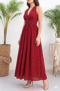 Belleci Scarlet Bloom Halter Midi Dress – Floral Flare Dress with Front Slit image 2