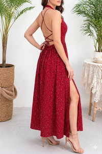 Belleci Scarlet Bloom Halter Midi Dress – Floral Flare Dress with Front Slit image 3