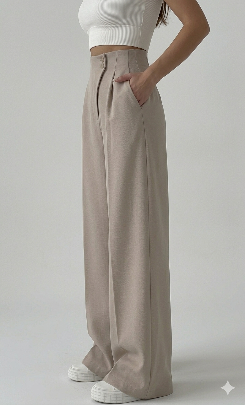 Belleci Biege Wrapline High Waist Wide Leg Trouser