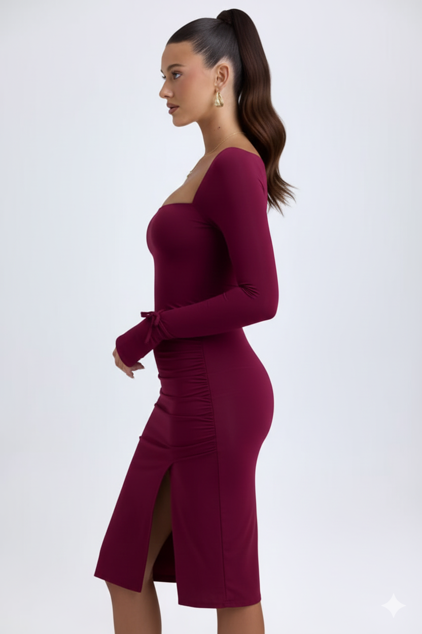 Ruched Square Neck Midi Dress in Deep Berry by Belleci