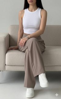 Belleci White & Taupe Co-Ord Set – Ribbed Crop Tank & Tailored Wide-Leg Trousers image 1
