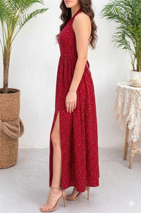 Belleci Scarlet Bloom Halter Midi Dress – Floral Flare Dress with Front Slit image 6