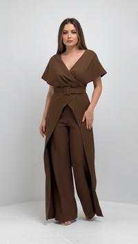 Mocha Wrap Cape Jumpsuit with Statement Belt image 1