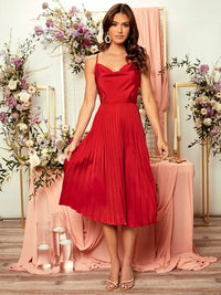 Red Pleated Midi Dress with Cowl Neck By Belleci image 3