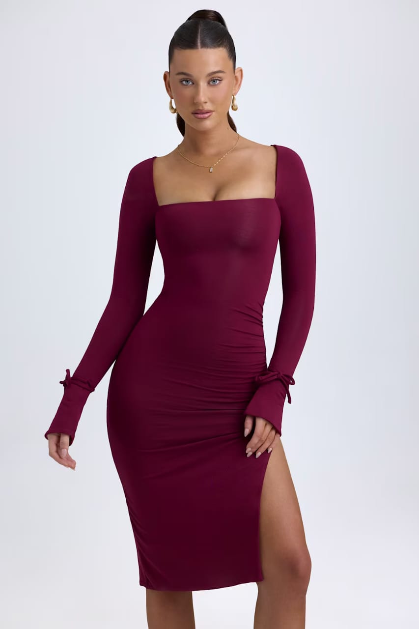 Ruched Square Neck Midi Dress in Deep Berry by Belleci