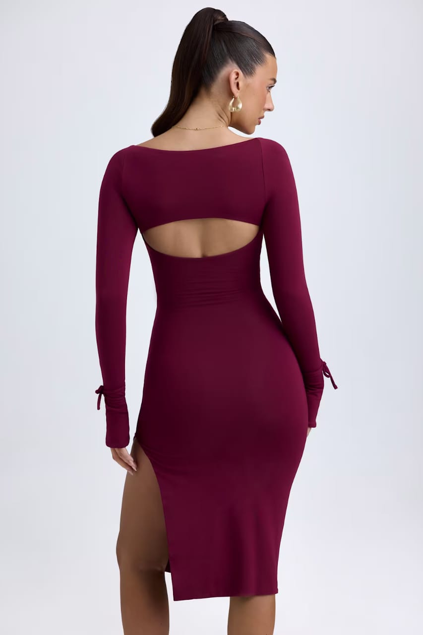 Ruched Square Neck Midi Dress in Deep Berry by Belleci