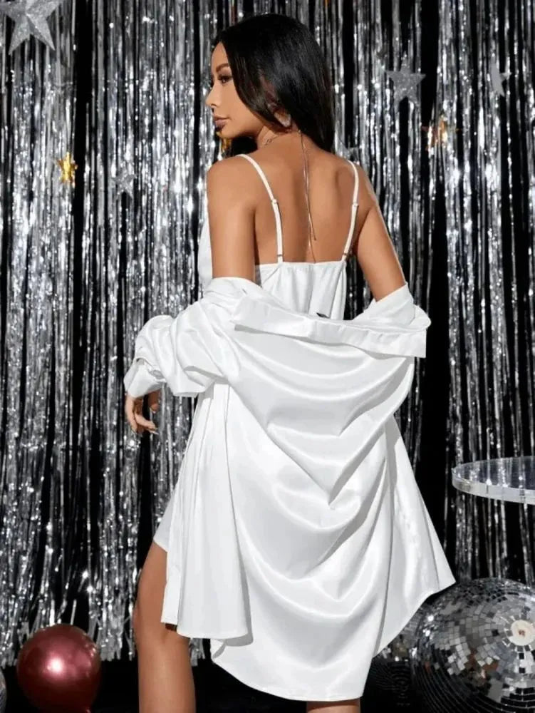 White Satin Cowl Neck Mini Dress with Shirt Overlay By Belleci