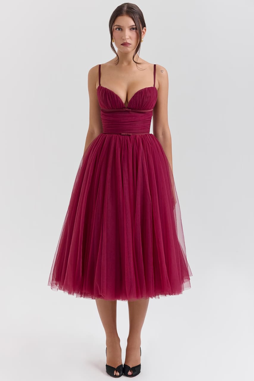 Wine Elegance Tulle Midi Dress by Belleci