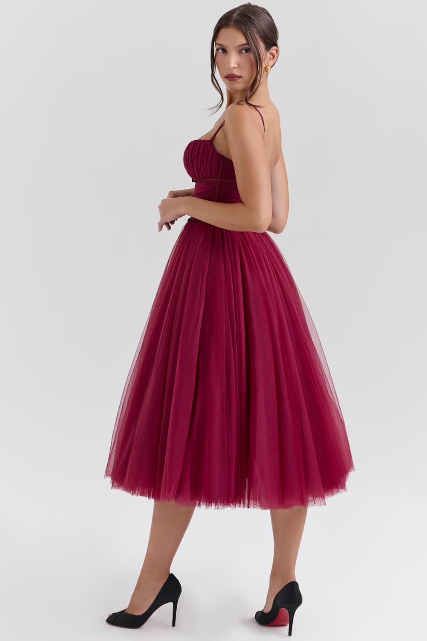 Wine Elegance Tulle Midi Dress by Belleci