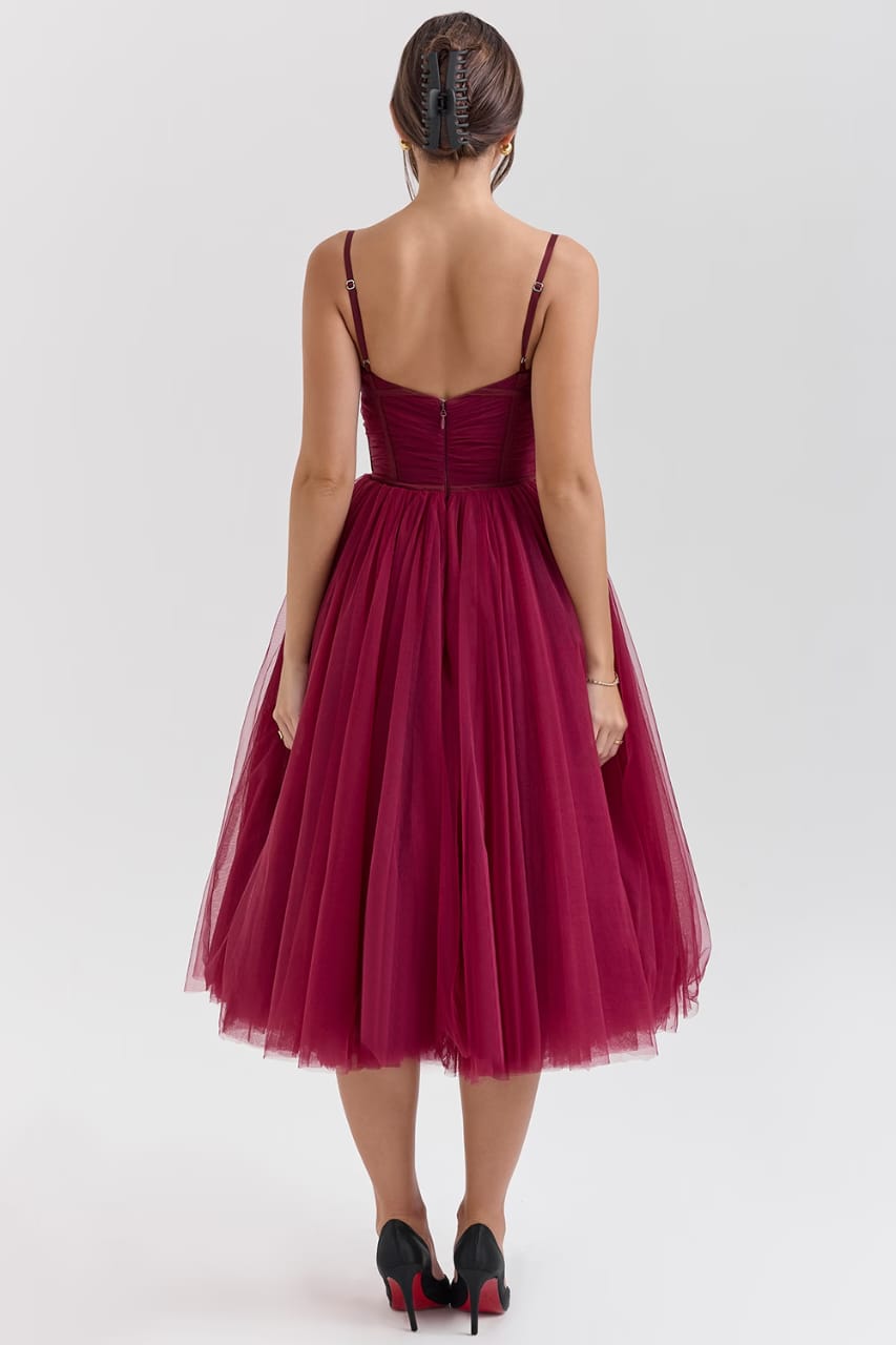 Wine Elegance Tulle Midi Dress by Belleci