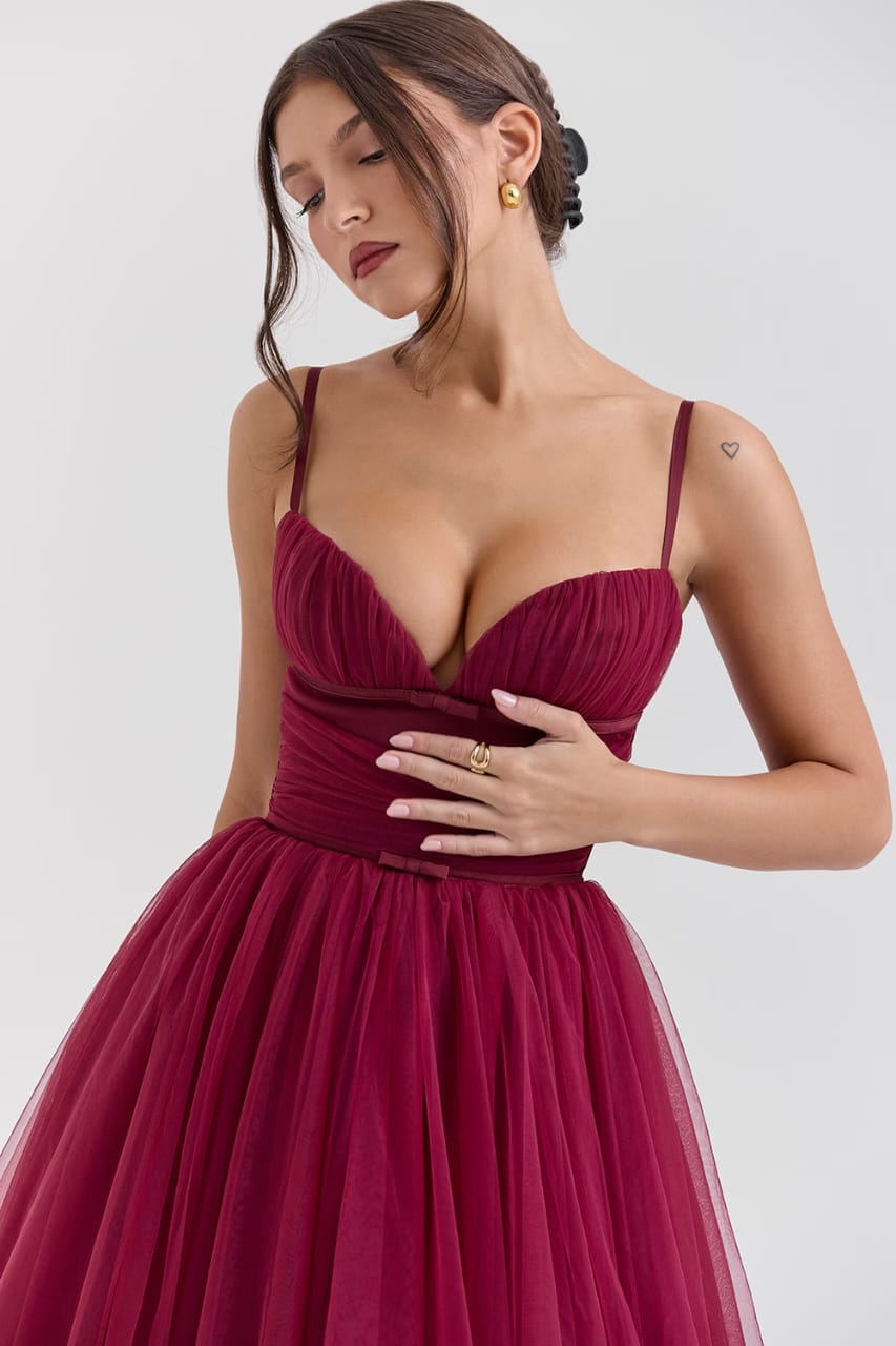 Wine Elegance Tulle Midi Dress by Belleci