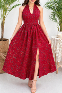 Belleci Scarlet Bloom Halter Midi Dress – Floral Flare Dress with Front Slit image 1