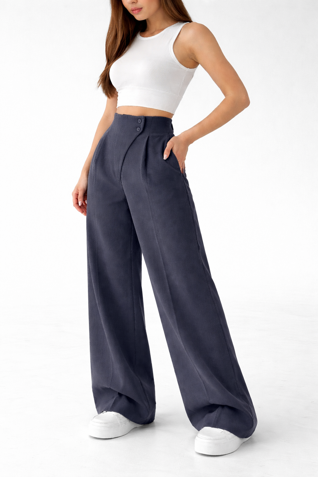 Belleci Charcoal Wrapline High Waist Wide Leg Trouser